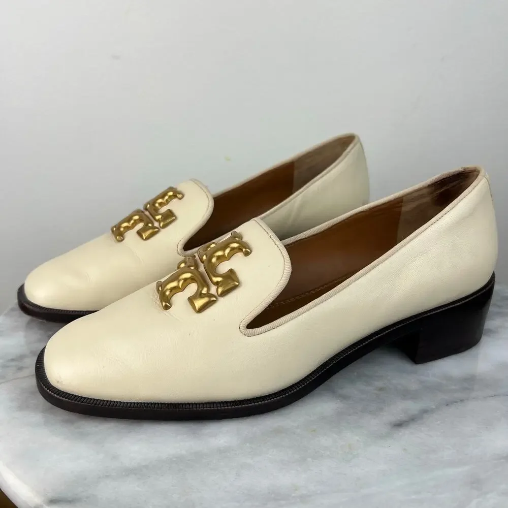 Tory Burch Eleanor Logo Block Heeled Shoes Ivory Leather Slip In Loafer (Sz 8.5)